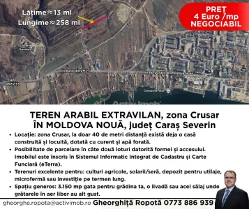 Teren  extravilan Moldova Noua zona Crusar, panoramic Dunare - Moldova Noua